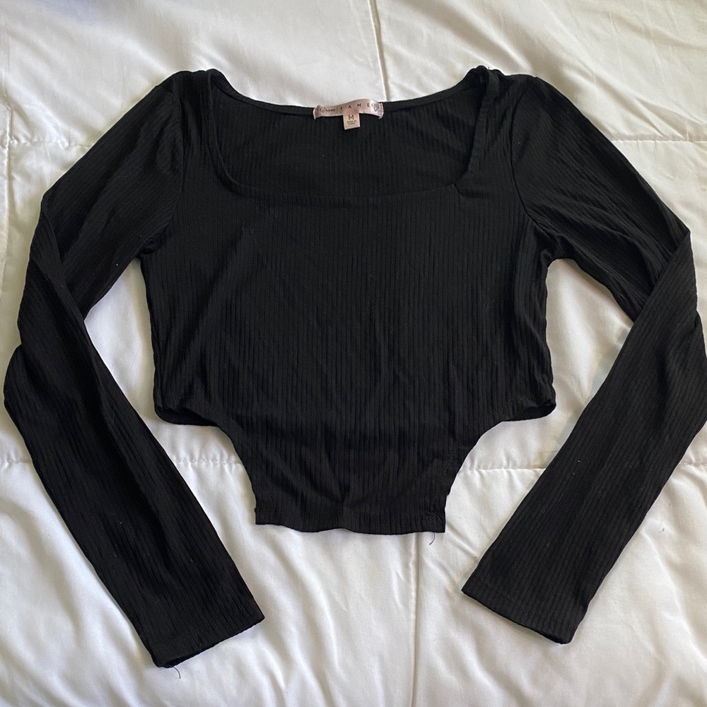 Crave Fame Black Ribbed Long-Sleeve Crop Top